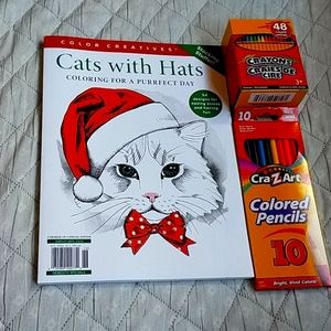 Set of Coloring Book ( Cats with Hats) ,Colored Pencils and Crayons